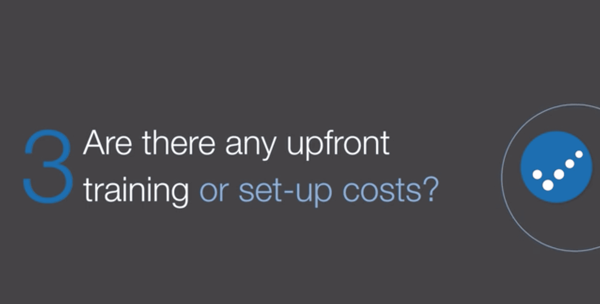 Dark-themed presentation image with the question "Are there any upfront training or set-up costs?" and a blue Practice Perfect logo.
