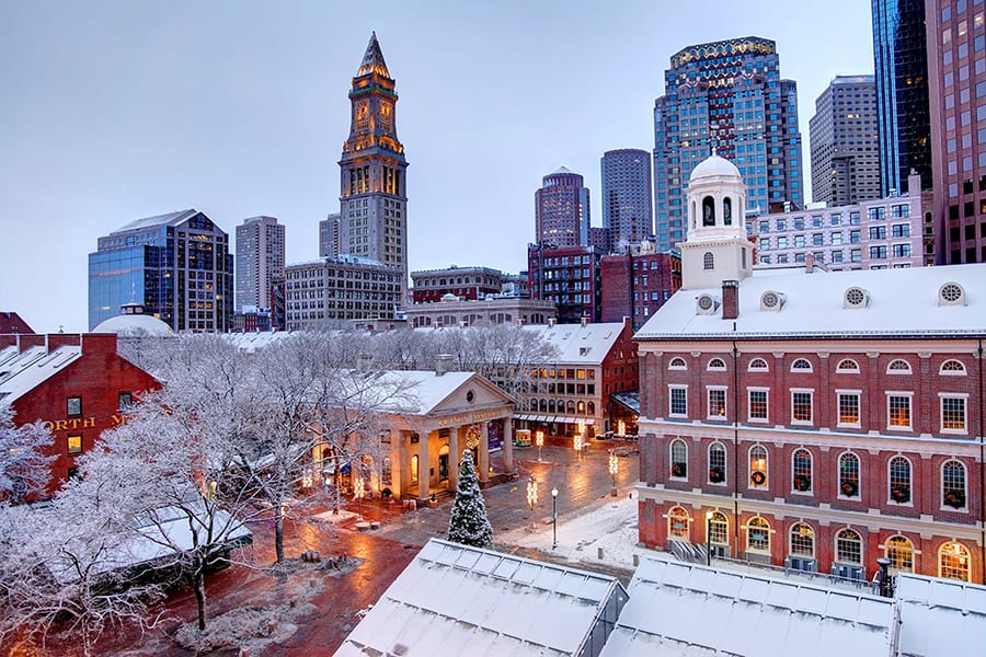 Downtown Boston in winter during the ASHA 2018 conference, with Faneuil Hall and Quincy Market covered in snow.