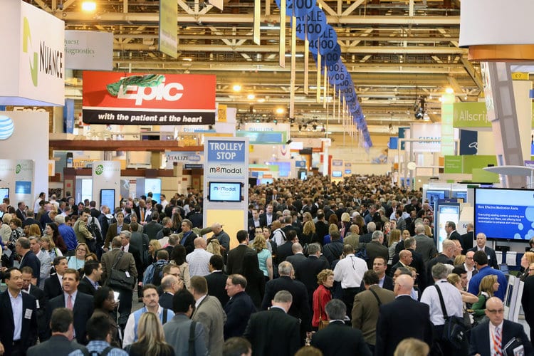 Large crowd attending the HIMSS 2019 healthcare technology conference, showcasing innovations in digital health and EMR solutions.