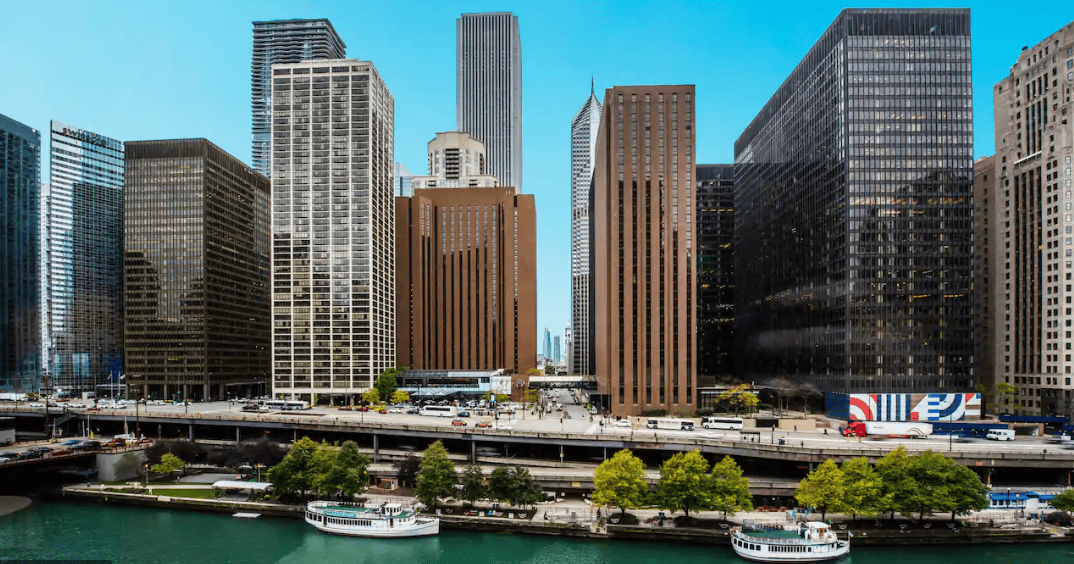 Downtown Chicago skyline view with office towers near the Chicago River for ASHA Connect 2019.