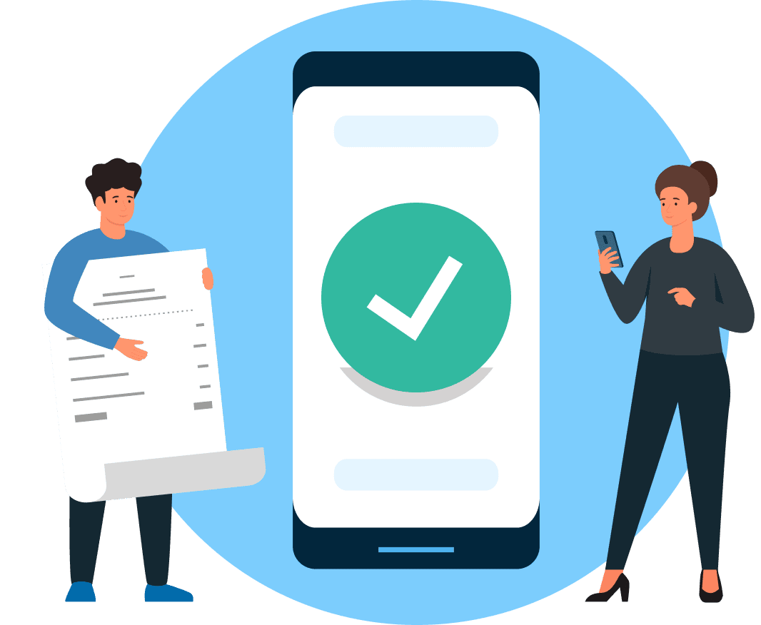 Illustration of a mobile verification screen with a green checkmark, alongside people holding a document and smartphone.