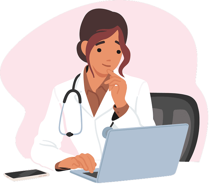 A doctor staring at the laptop monitor.